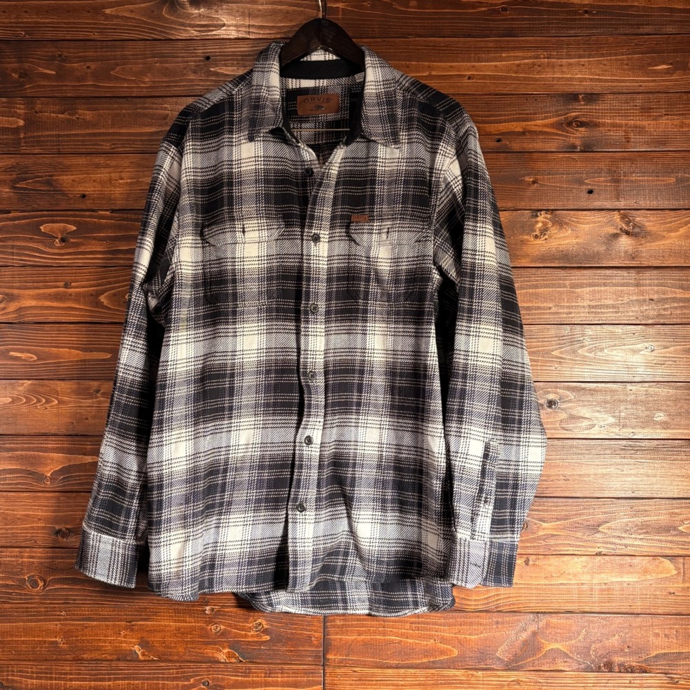 Orvis Mens XL Heavyweight Flannel Shirt Jacket Black White Plaid Shacket Pockets